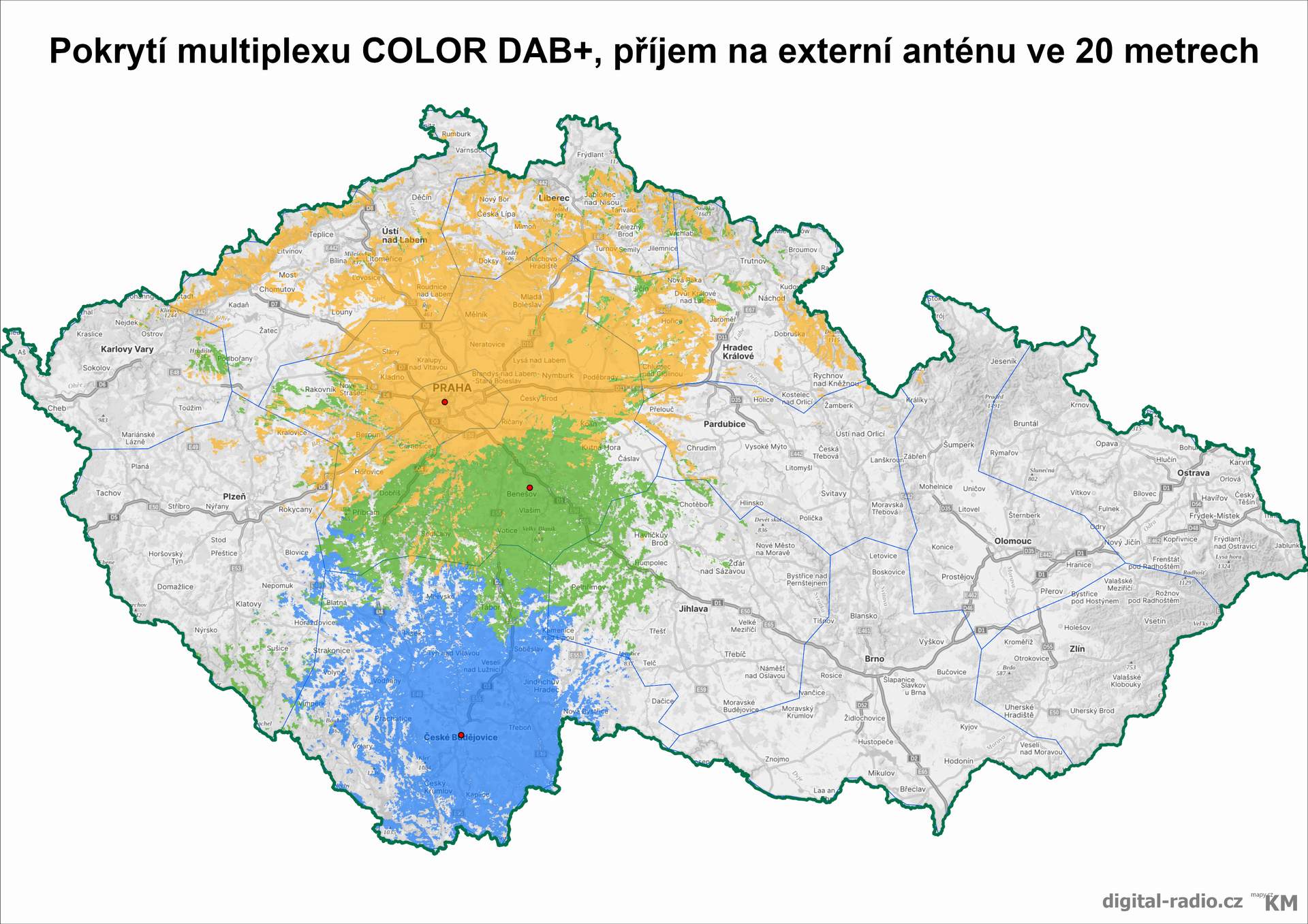 Mapka pokrytí DAB+ (pro anténu 20m nad zemí)