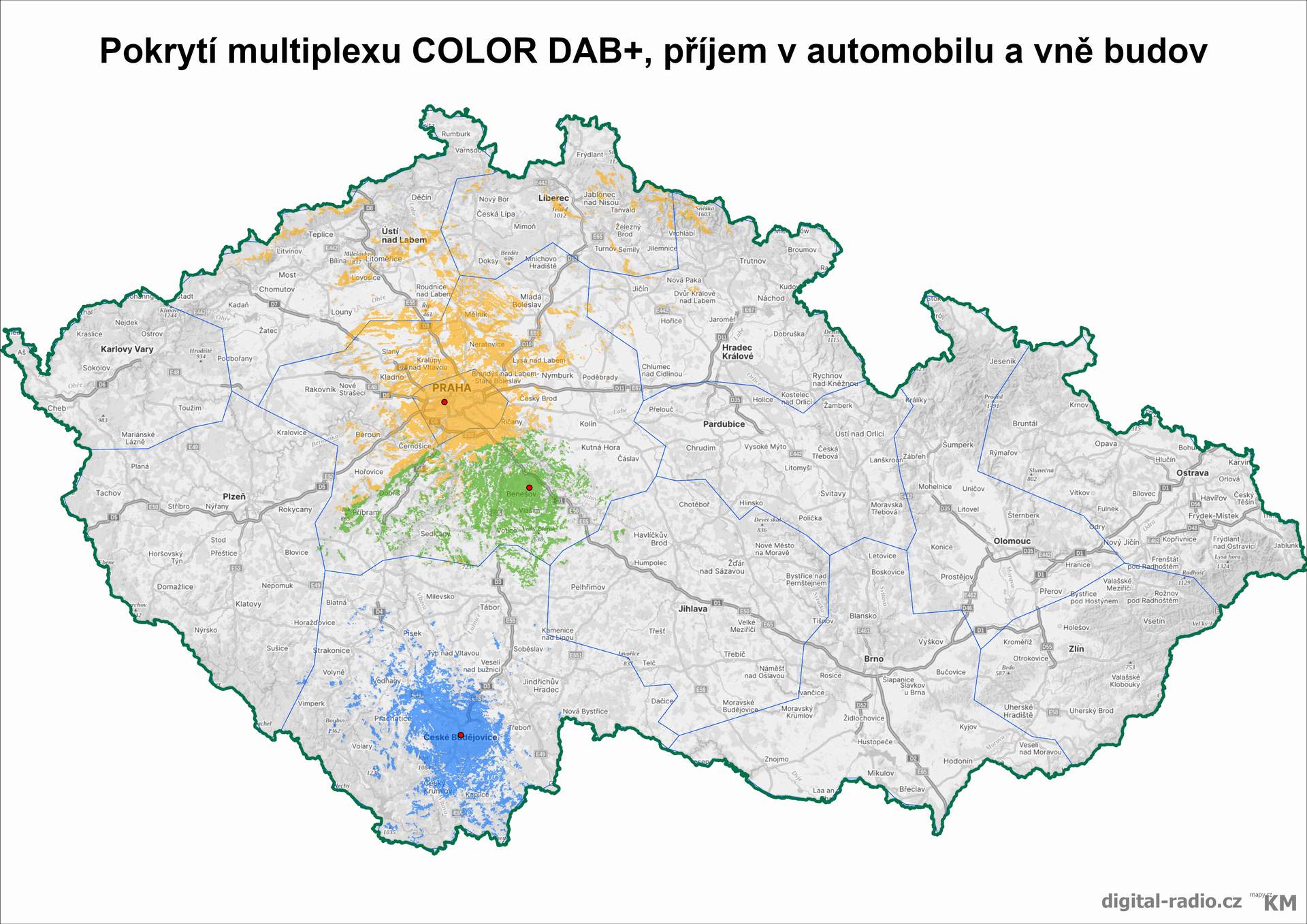 Mapka pokrytí DAB+ (pro anténu 2m nad zemí)
